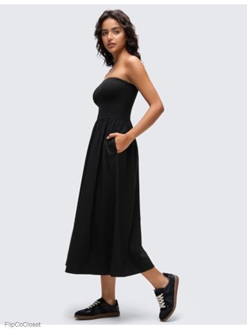 Strapless Maxi Dress with Removable Pads, Side Pockets, Off Shoulder - Picture 3 of 5